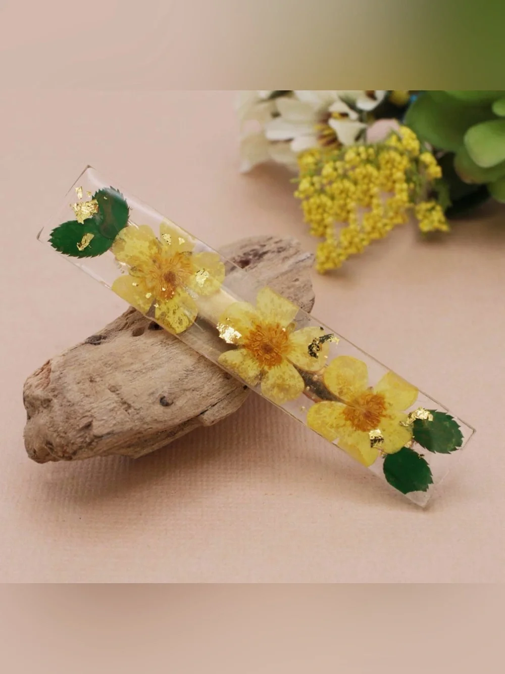 Clear Resin Hair Barrette with Pressed Yellow Flowers